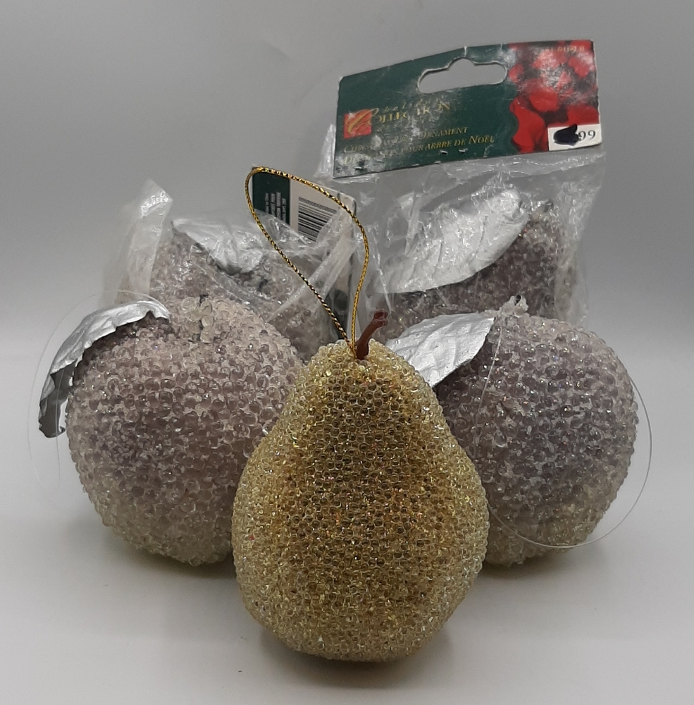 Vintage Lot of 5 Sugared Beaded Pastel Fruit Ornaments 3 Apples & 2 Pears